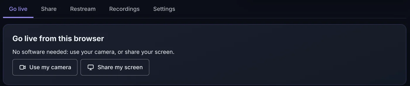 The Go live tab of a creekX stream: go live from this browser with a camera or screen, or from OBS, an encoder or an IP camera