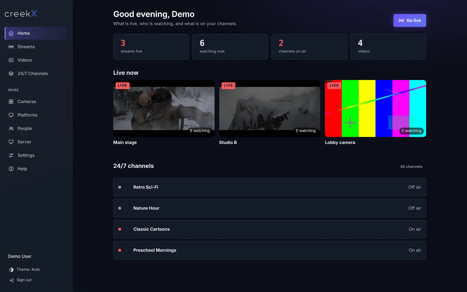 The creekX home screen: 3 streams live, 6 watching, 2 channels on air, with live thumbnails including an RTSP test camera
