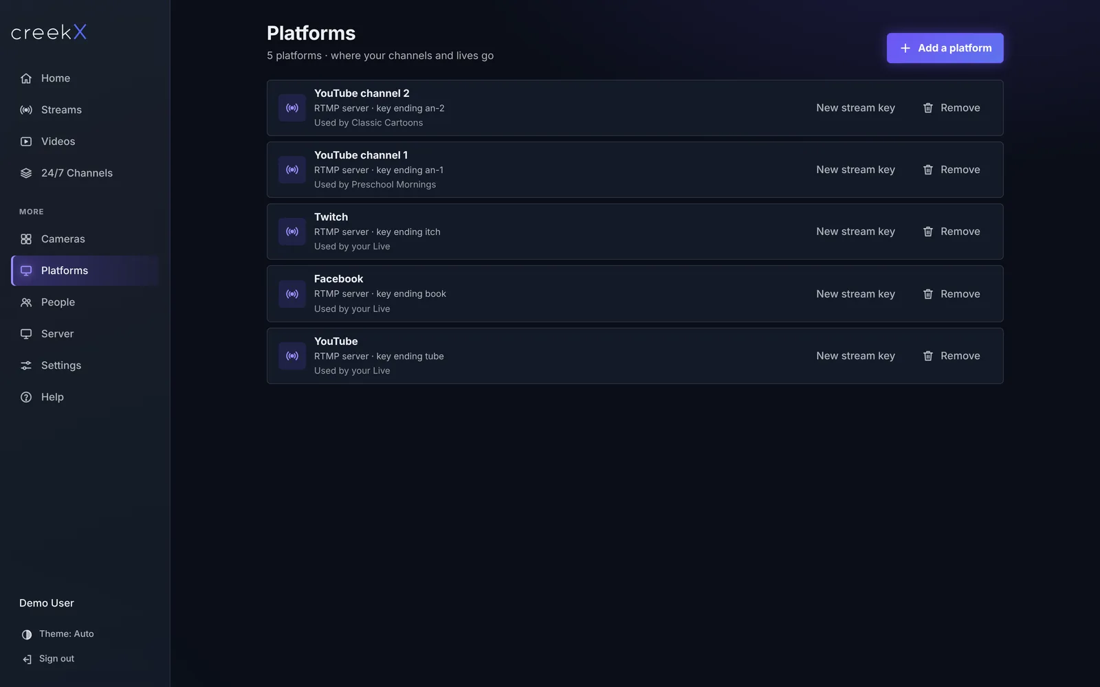 The creekX Platforms screen listing YouTube, Facebook and Twitch connections, each with its key ending and what uses it