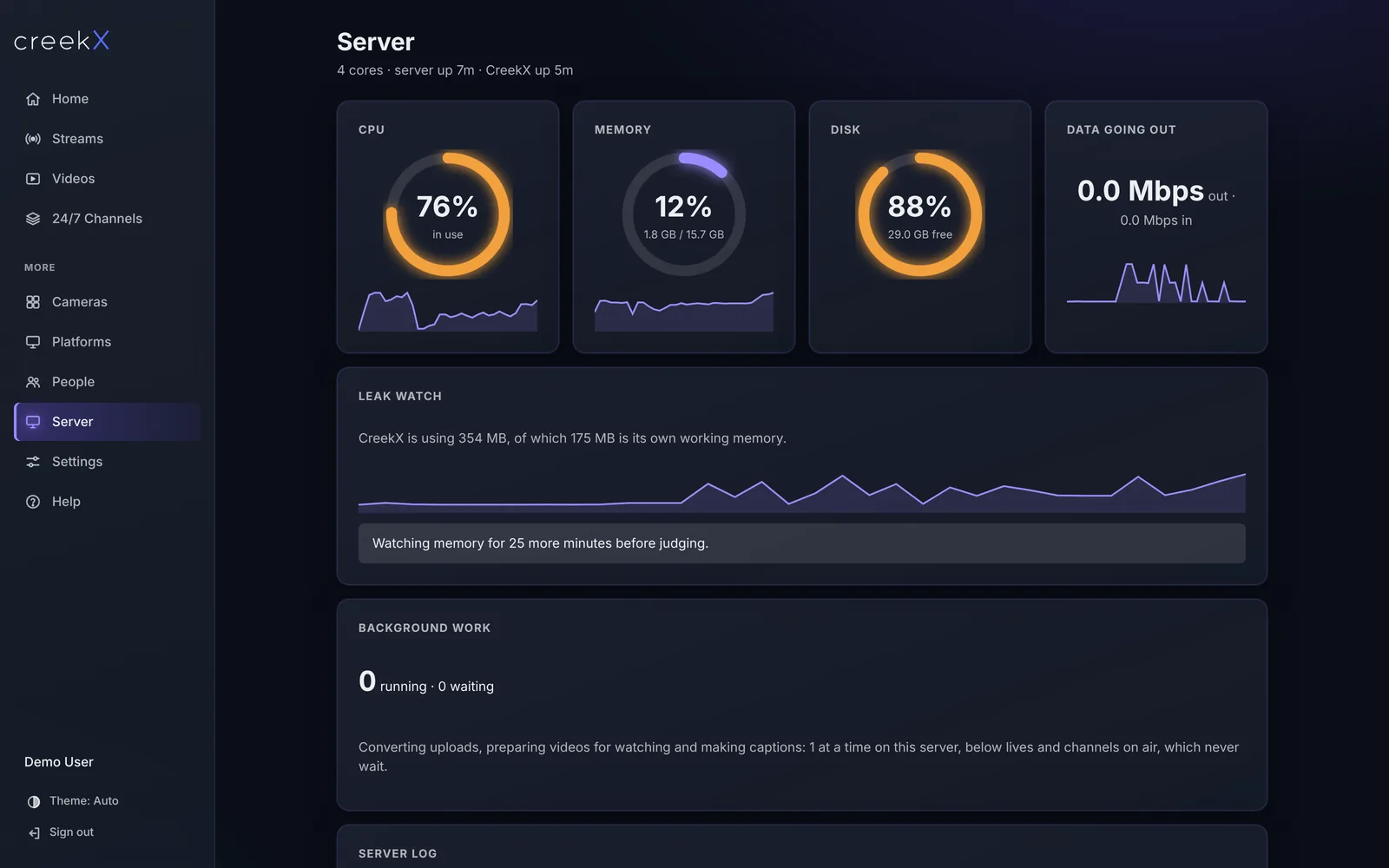 The creekX Server screen: processor, memory and disk gauges, data going out, a memory leak watch and background work
