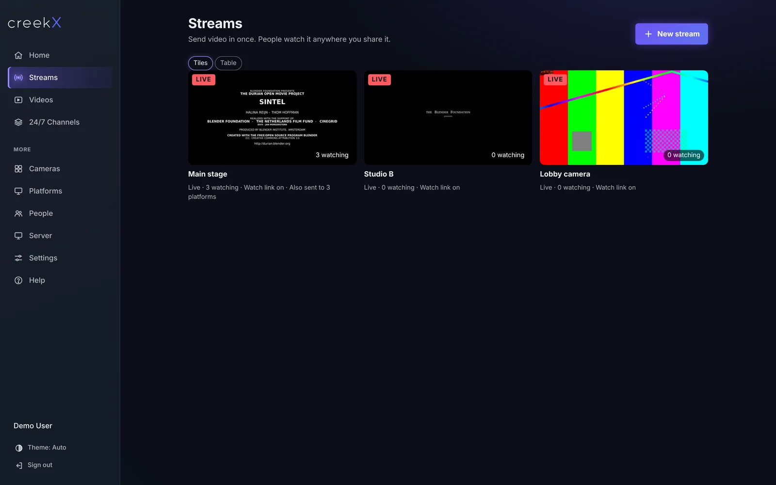 The creekX Streams screen with three live streams, Main stage, Studio B and Lobby camera, each marked LIVE with its viewer count