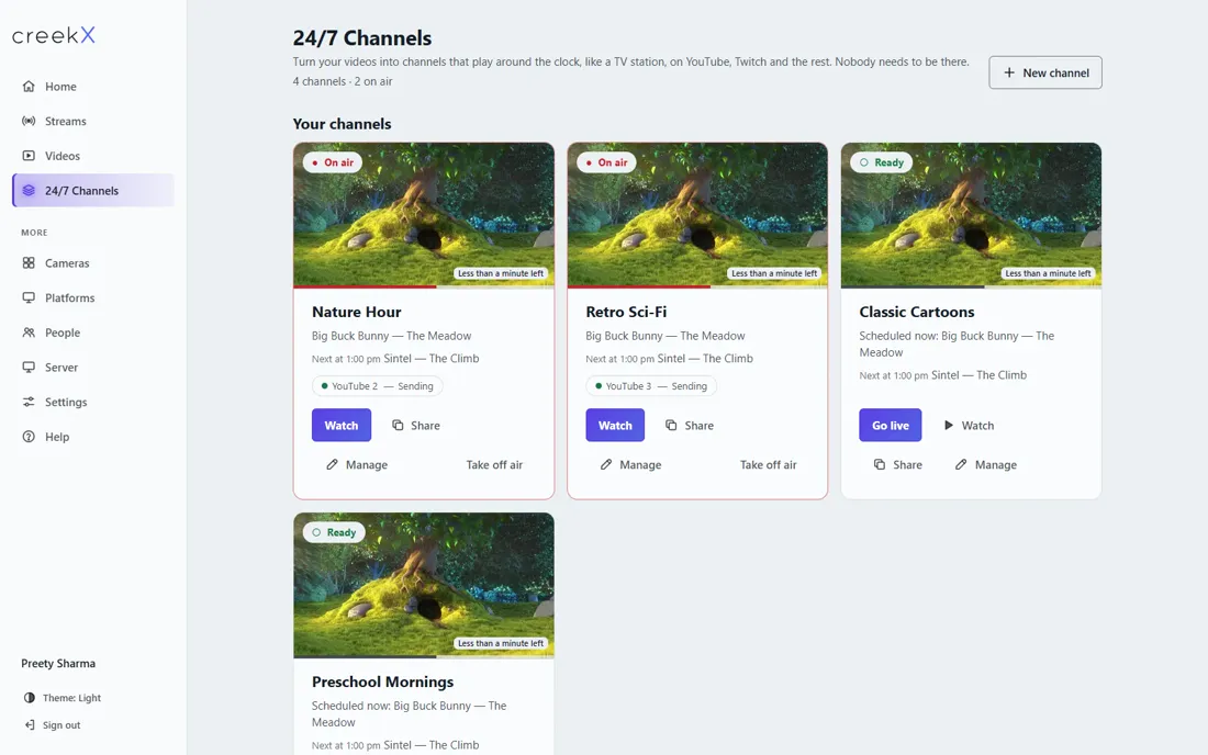 CreekX 24/7 channels screen