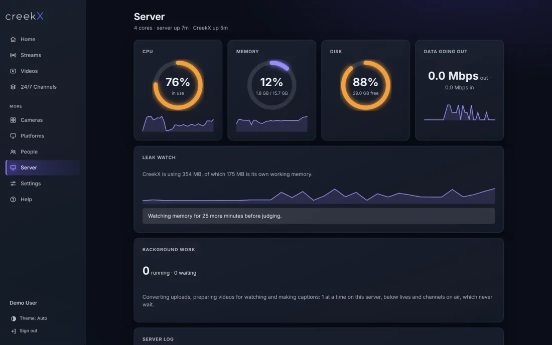 CreekX Server resources screen