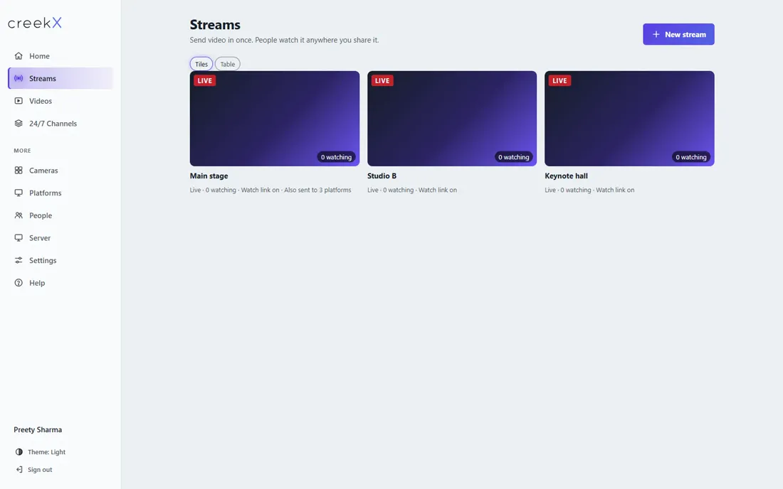 CreekX Live sources screen